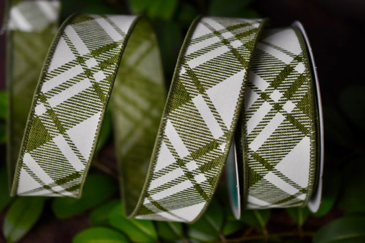 Diagonal Stripe/Check in Moss Green and White (1.5 inch) - DSC1