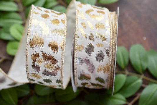 Metallic Glitter Leopard Ribbon - Ivory/Silver/Gold (1.5 inch) - MGL1