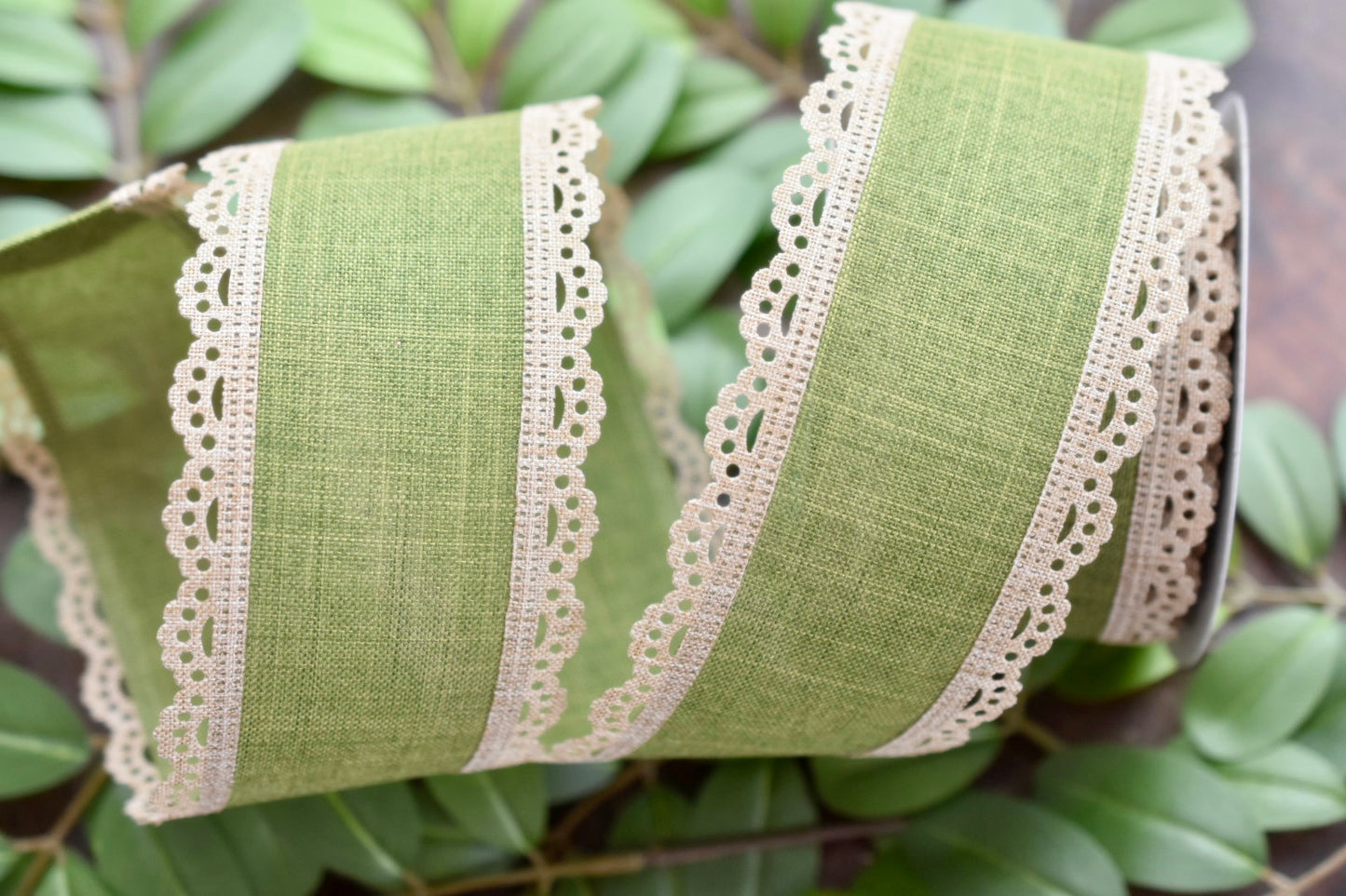 Green and Natural Scalloped Edge Ribbon (2.5 inch) - SE3