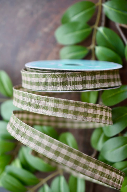 Moss Green and Ivory Gingham Ribbon (5/8 inch) - GC7