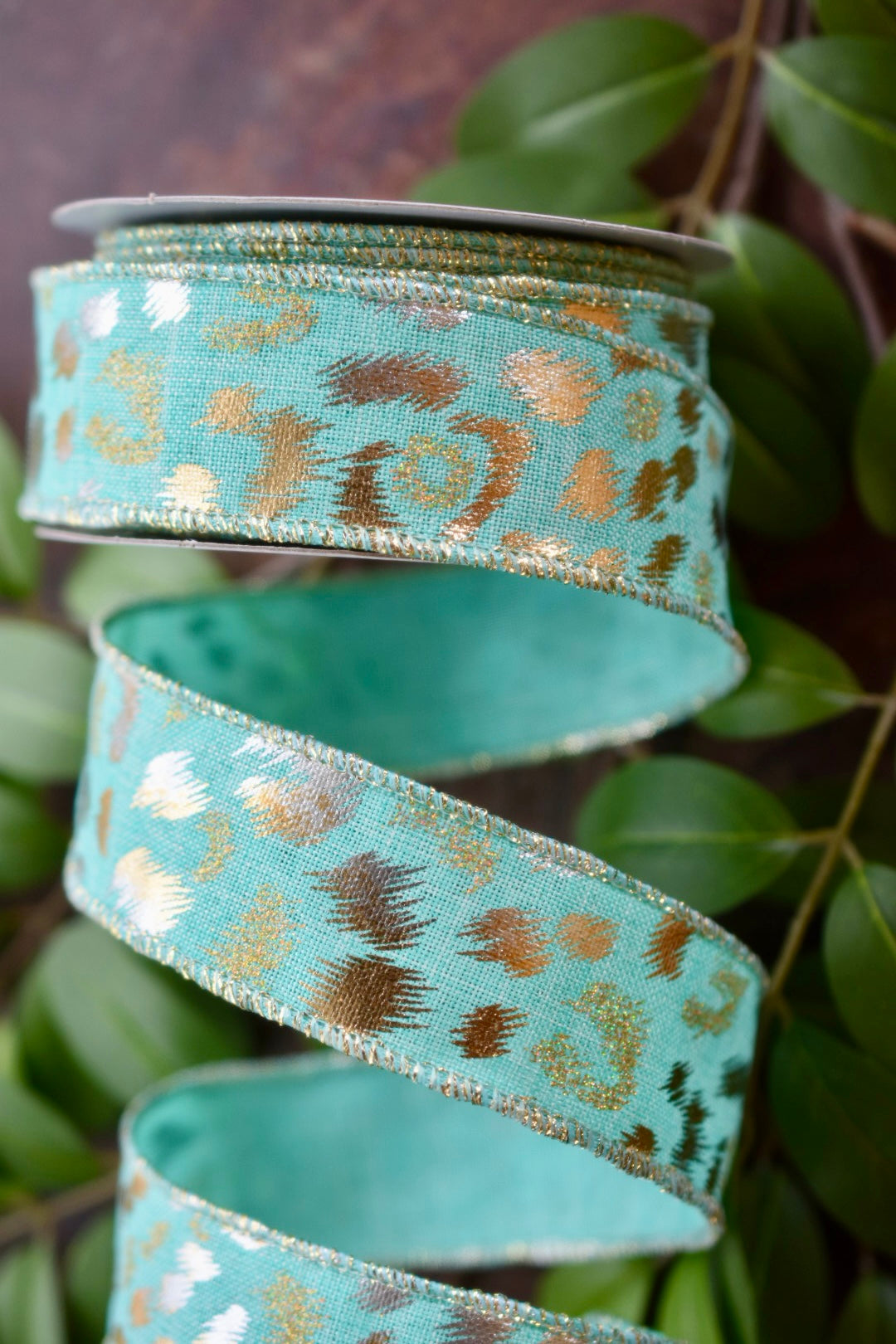 Metallic Glitter Leopard Ribbon - Mint/Gold/Silver (1.5 inch) - MGL2