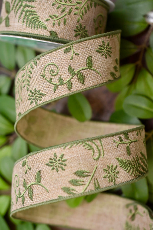 Light Beige and Green Embroidered Ribbon (1.5 inch) - EG2