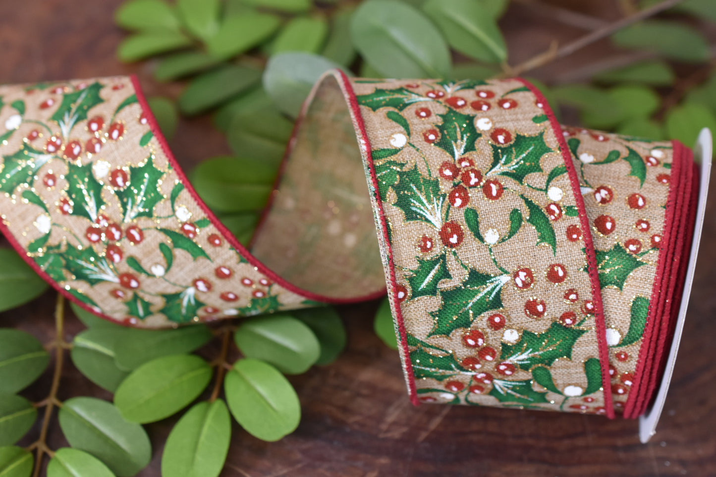 Burlap Holly Berry and Mistletoe Ribbon (2.5 inch) - C10