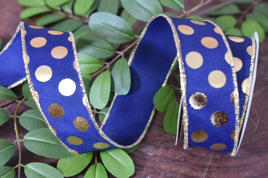 Metallic Navy Blue and Gold Polka Dot Ribbon (1.5 inch) - P5