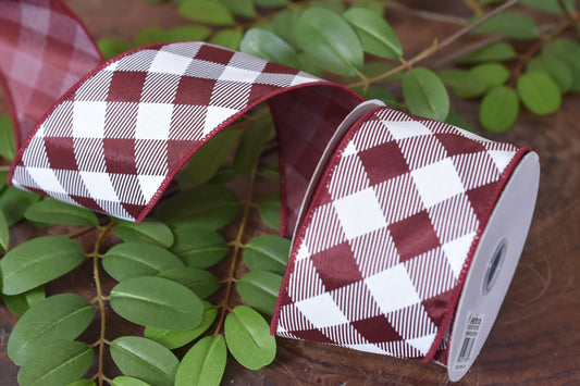 Maroon and White Diagonal Plaid Ribbon (2.5 inch) - M5