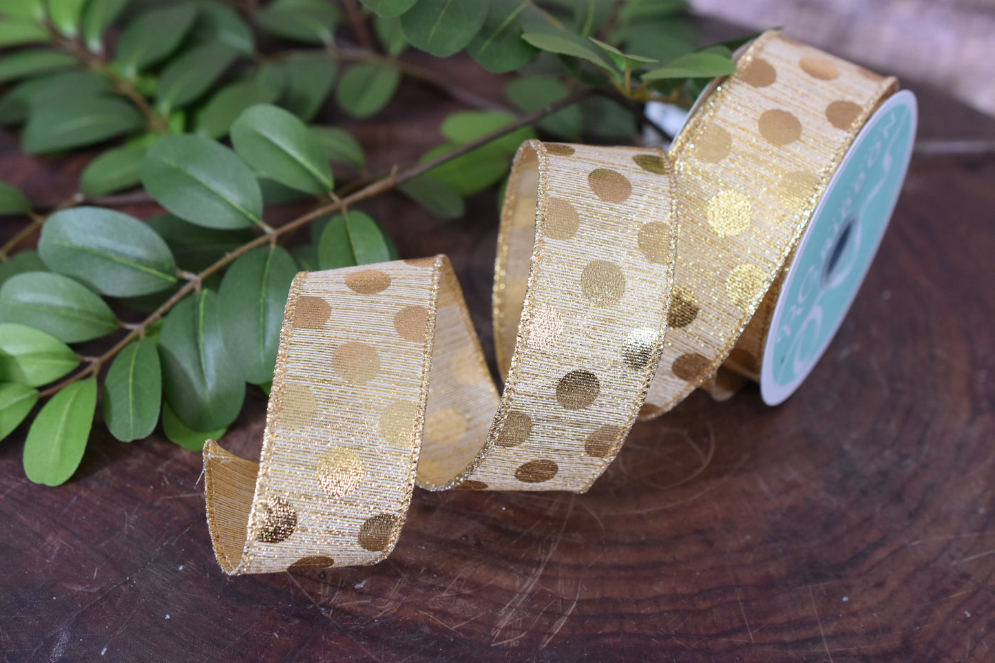 Burlap and Gold Polka Dot Ribbon (1.5 inch) - P9