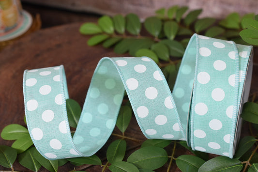 Soft Blue Green and White Polka Dot Ribbon (1.5 inch) - P7