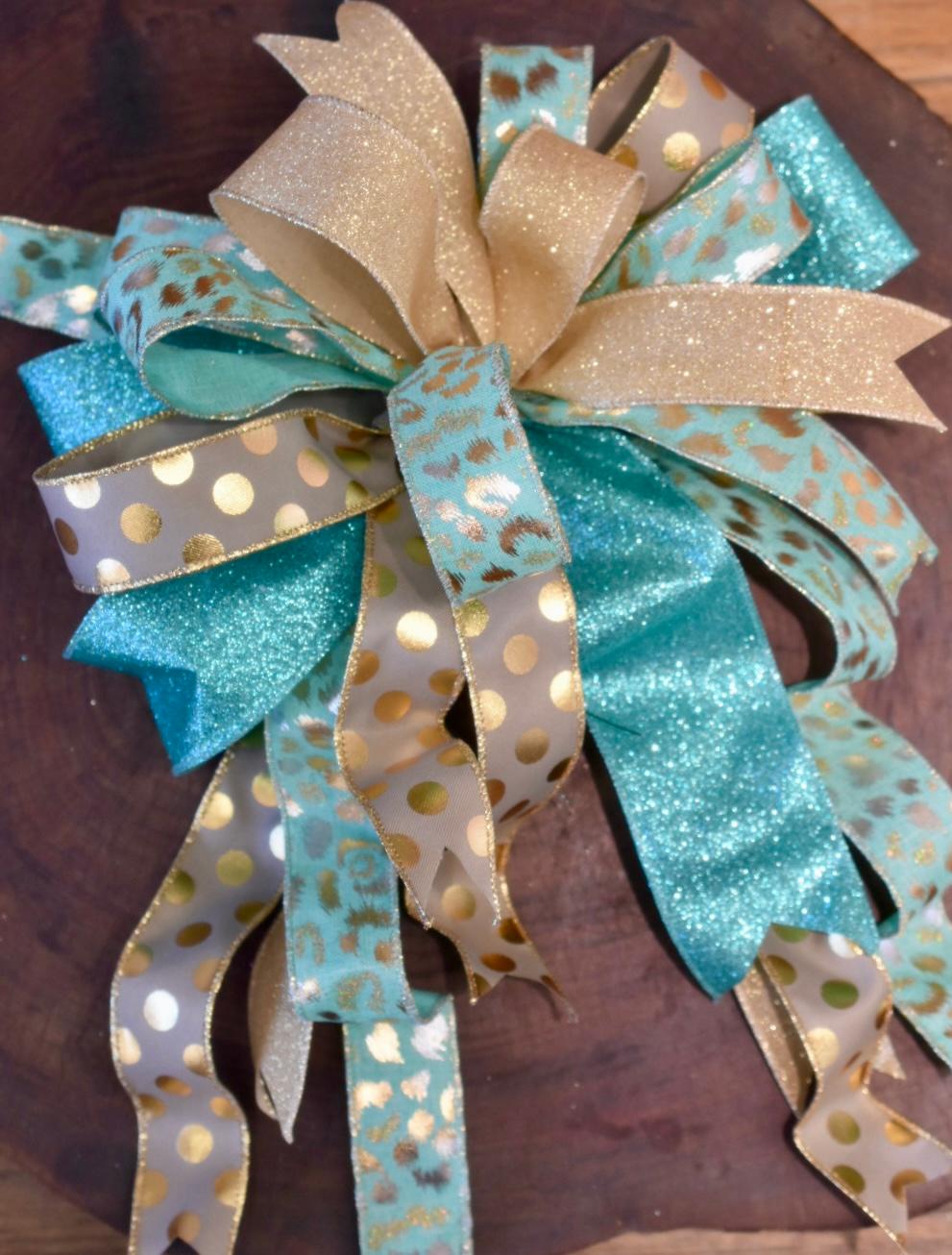 Mint Leopard Bow with Tails - 12"